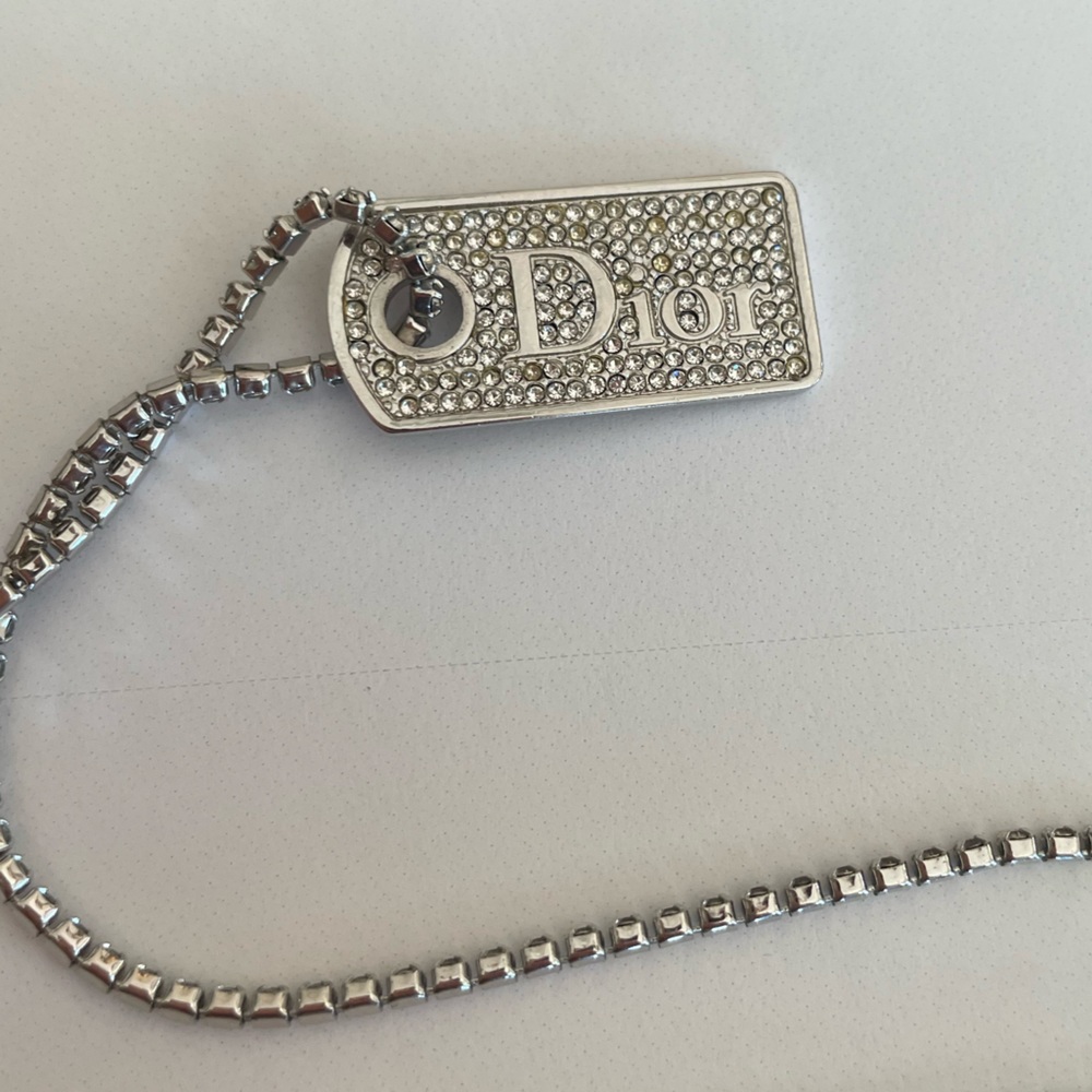 Dior Vintage Dog Tag Pendant Rhinestone Necklace